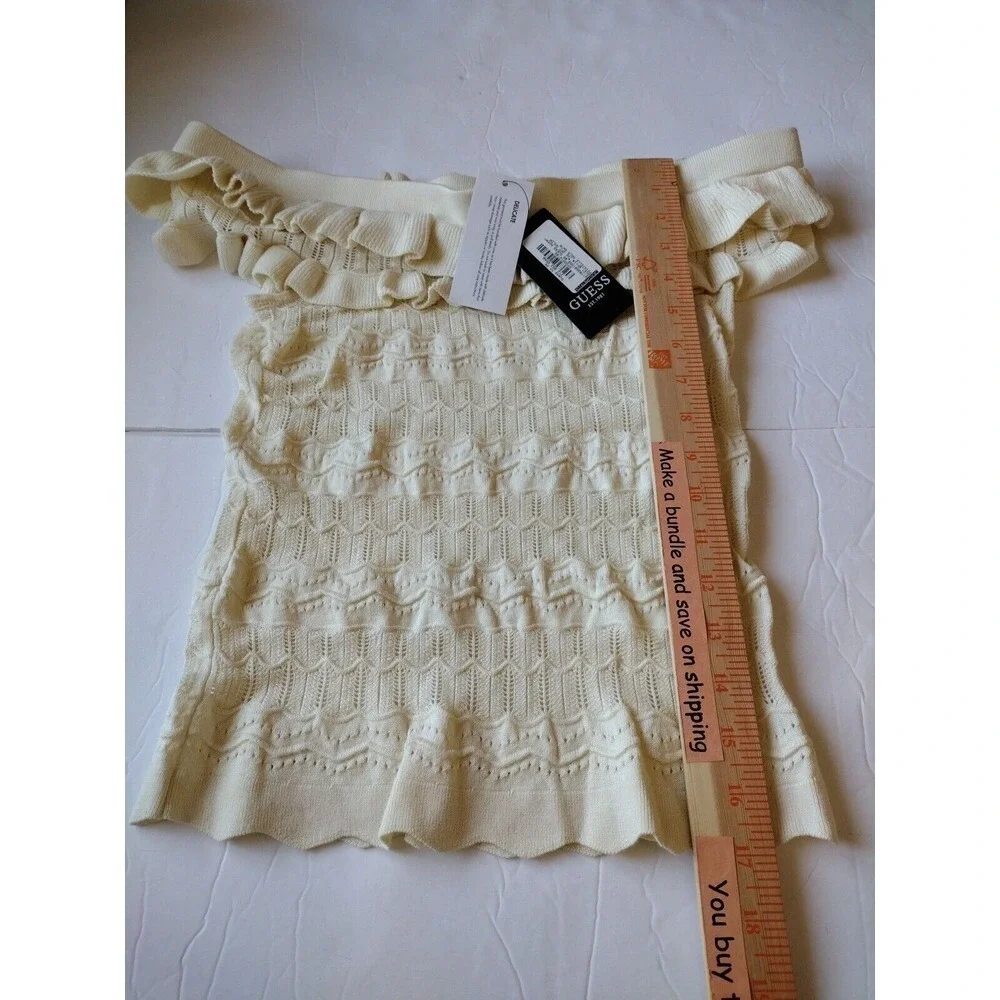 Guess Blouse Women's‎ Small Knit Nola Beige Pointelle Off the Shoulder Sweater - Picture 8 of 10